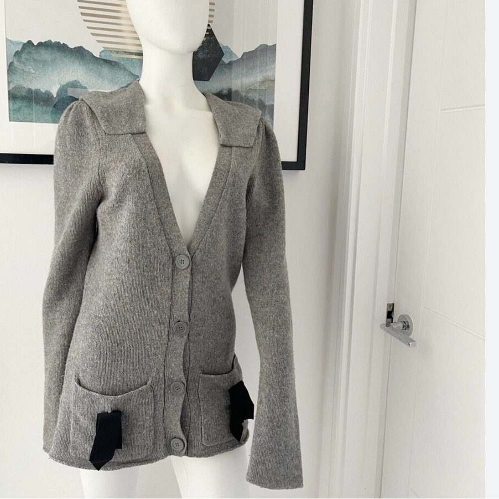 By Malene Birger Gray Lambswool Cardigan with Black Gros Grain Ribbons Sz S